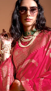 Dark Pink and Gold Floral Handloom Weaving Pure Georgette Silk Saree